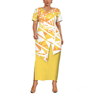 Vestido Samoano Puletasi de Manga Corta, Diseño de las Islas del Pacífico, Vestido con Dobladillo Asimétrico y Cuello en V, Ropa para Mujer, 2 Piezas - Product Image 1