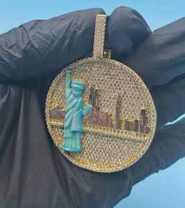 Iced Out <b>Statue</b> Skyline Pendant <b>Gold</b> Plated CZ Diamond Cityscape Medallion Hip Hop Necklace Charm - Product Image 3