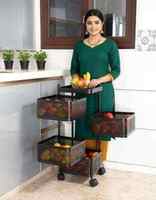 Chariot de rangement de cuisine à quatre niveaux pliable avec 3 plateaux solides, organisateur de nourriture finition mate avec roulettes en PU