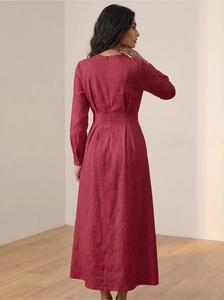 <b>Women</b> Burgundy Plain Cotton <b>Linen</b> Maxi <b>Dress</b> Full Sleeve High Waist O-Neck Casual Summer Solid Long <b>Dress</b> - Product Image 2