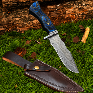 Cuchillo de Camping Hecho a Mano de Grado Industrial, Hoja de Acero de Damasco con Punta Caída, Borde Recto, Mango de Madera Pakka, Funda de Cuero - Product Image 5