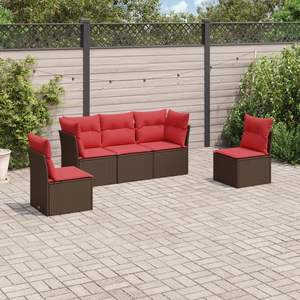 Set di divani da giardino in polyrattan marrone da 5 pezzi con cuscini, mobili da esterno resistenti - Product Image 1