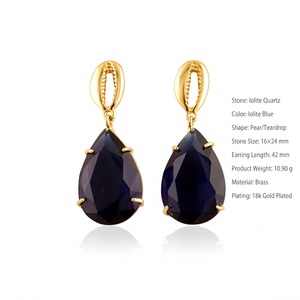 Boucles d'oreilles en gros, forme poire, en quartz bleu iolite, plaqué or 18 carats, avec coquillages cauris, pour femmes, bijoux de mode - Product Image 1