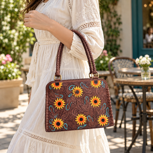 Nouveauté : Sac fourre-tout en cuir véritable sculpté à la main, style bohème vintage, motif tournesol, sacs à bandoulière élégants faits à la main - Product Image 1