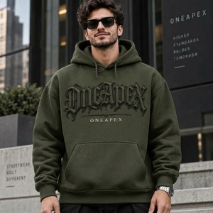Sweat-shirt à capuche surdimensionné vert olive pour homme, streetwear de luxe, avec logo embossé sur le devant, vente en gros de vêtements - Product Image 5