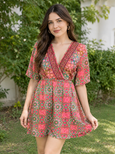 Robe d'été décontractée bohème de qualité supérieure, col en V, imprimé floral rose, manches courtes, taille élastique, mini-robe courte - Product Image 1