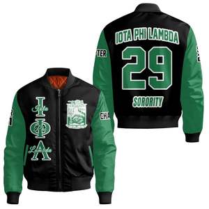 Veste universitaire personnalisée pour femmes Iota Phi Lambda, noire et vert émeraude, avec écusson grec sur le devant et le dos, numéro d'année, fermeture éclair, style bomber - Product Image 3
