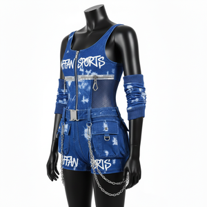 Traje de baño para mujer, 225 GSM, poliéster y spandex de alta elasticidad, estilo denim, azul océano, panel de malla, logotipo sublimado. - Product Image 3