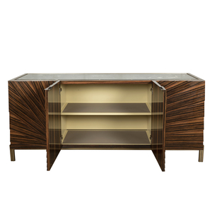 Buffet en bois fait main de style Mid-Century Modern avec pieds en métal à motif soleil couchant – Meuble pour salon et hôtel - Product Image 2
