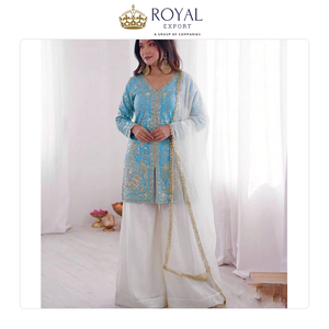 ชุดสูทชาราร่าผ้าไหมเฟนดี้ คอลเลคชั่นนักออกแบบเสื้อผ้าอินเดียสุดหรู พร้อมงานปักเลื่อมและผ้าคลุมไหล่ ขนาดใหญ่พิเศษ - Product Image 3