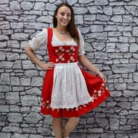 Gaun Dirndl Bavaria Wanita Model A-Line Midi Merah Putih Lengan Pendek Kostum Tradisional Vintage Pinggang Alami Ramah Lingkungan