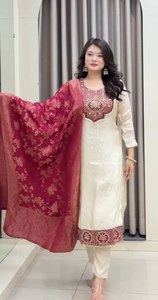 Ensemble Salwar en soie Banarasi crème avec dupatta brodée rouge, longueur cheville, séchage rapide, pour femme, tenue traditionnelle indienne pour mariage - Product Image 2