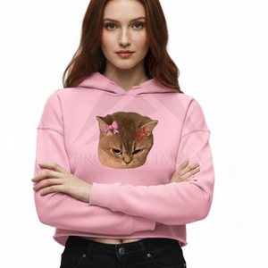 Women's Pink Cropped Hoodie With <b>Cat</b> Print Bow Design Casual Cotton Sweatshirt Autumn Wear - Product Image 4
