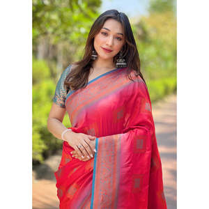 Sari Rosa de Seda Suave con Zari Tejido en Contraste, Elegantes Vestidos de Fiesta - Product Image 2