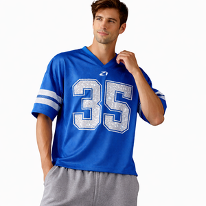 เสื้อเจอร์ซีย์อเมริกันฟุตบอลผ้าตาข่ายประดับคริสตัลหรูหรา สีน้ำเงิน คอวี แขนสั้น ระบายอากาศได้ดี เสื้อกีฬา สตรีทแวร์สั่งทำได้ - Product Image 2