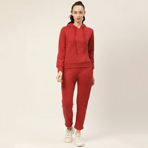 Women Red Hooded Solid <b>Tracksuit</b> Set Full Sleeve Casual Autumn Wear 100% Cotton Midweight Regular Fit Side Pockets Elastic Waist - Product Image 2