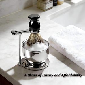 Kit de brochas de afeitar para hombres, juego de brochas de afeitar 3 en 1, incluye brocha de afeitar, arco de afeitar, acero inoxidable, alta calidad - Product Image 2