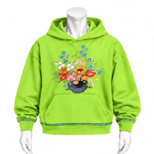 Sweat-shirt à capuche vert citron avec broderie florale multicolore, poche kangourou, coupe ample, style streetwear décontracté - Product Image 1