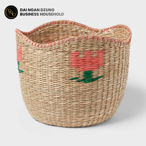 Panier de rangement pliable artisanal en jonc de mer naturel, motif floral vert, capacité personnalisable, style durable - Product Image 1