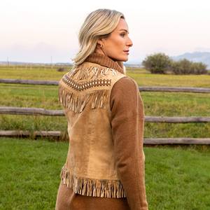Gilets en cuir de vachette pour femmes, broderie, franges, style bohème vintage, col rabattu, col en V, coupe-vent, vêtements d'extérieur écologiques - Product Image 3