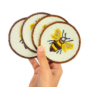 Ensemble de 4 dessous-de-verre perlés de haute qualité, design abeille, tapis en tissu, sous-verres décoratifs, excellents dessous-de-verre perlés - Product Image 1