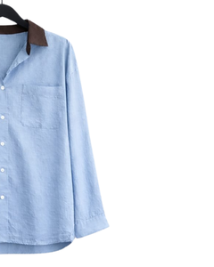 Conjunto de Dos Piezas para Mujer: Camisa Azul Claro y Pantalones Anchos Color Chocolate, Estilo Casual de Algodón y Lino, Fabricante OEM Personalizado - Product Image 4