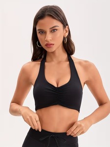 Halter Neck Sports <b>Bra</b> Women Ruched Front Yoga Crop Top <b>Open</b> Back Gym Workout Fitness Activewear Camisole Tank Lightweight - Product Image 3