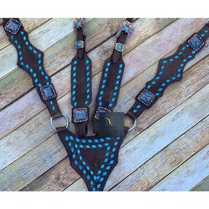 Conjunto de Collarín y Riendas para Caballo Western, de Gamuza Marrón con Turquesa y Costuras Decorativas, Cuero con Conchos Cuadrados para Rodeo y Senderismo - Product Image 3