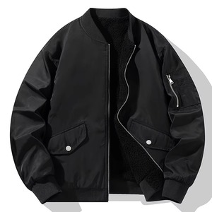 Men's Retro Double-Sided Bomber <b>Jacket</b> Stand Collar Windproof Leather Zipper Closure <b>Fleece</b>-<b>Lined</b> Winter Finished - Product Image 4
