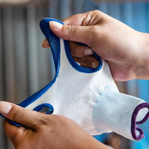 Gants de travail bleus enduits avec dos en tricot blanc et bordure violette pour usage industriel - Product Image 3