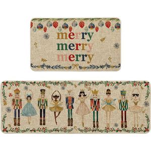 Tapis de cuisine décoratifs Noël Joyeux Noël Motif Casse-Noisettes Aquarelle, Lot de 2 tapis à profil bas 17x29 pour la maison et les fêtes - Product Image 1