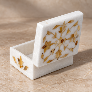 Boîte à bijoux rectangulaire en marbre blanc avec couvercle à motif floral incrusté de feuilles d'or, étui de rangement - Product Image 3