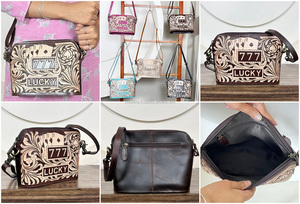 กระเป๋าหนังทำมือแบบสะพายข้าง 777 ลายคาสิโนนำโชค ดีไซน์ตะวันตก กระเป๋าหนังสลักลาย สายสะพายปรับได้ กระเป๋าสะพายไหล่ผู้หญิง - Product Image 3