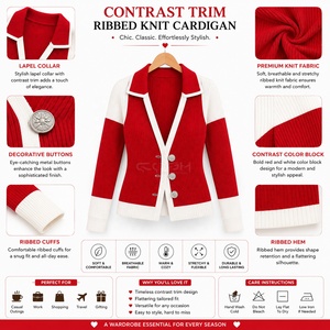 Cardigan en tricot contrastant rouge et crème de la sororité Cosh International, manches longues, col rabattu, boutons sur le devant - Product Image 6