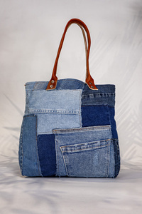 Sac fourre-tout en denim de coton épais cousu main, directement de l'usine, avec poignées en cuir, OEM ODM - Product Image 3
