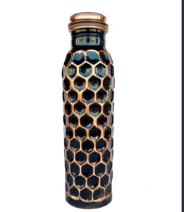 Bouteille d'eau en cuivre pur, motif côtelé vertical, surface polie foncée antique, étanche, récipient ayurvédique pour la santé - Product Image 3