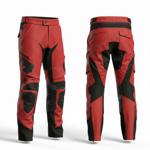 Pantalon de moto pour homme rouge et noir, taille haute, fermeture éclair, respirant, en spandex et nylon, coupe droite avec protection des genoux - Product Image 1