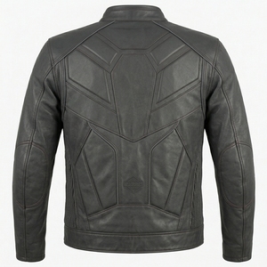 Charcoal Grey Cafe <b>Racer</b> Leather <b>Jacket</b> Minimalist Stand Collar Urban Tactical Biker Coat Custom Wholesale - Product Image 2