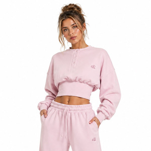 Chic <b>Pink</b> Button Henley Cropped <b>Sweatshirt</b> Tracksuit Cinched Waist OEM Wide Leg Joggers Custom 100% Cotton Oversized Hoodies Set - Product Image 3