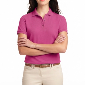 Polo de Manga Corta Rosa para Mujer, Color Sólido, Algodón Piqué, Estilo Casual con Botones, Corte Regular - Product Image 1