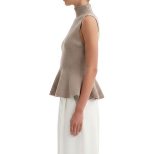 Débardeur en maille côtelée pour femme, couleur taupe, sans manches, col montant, coupe ajustée, avec ourlet peplum, haut de mode - Product Image 3
