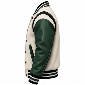 Blouson Bomber Letterman en Gros Direct Usine – Corps Crème Blanc Cassé, Manches en Cuir Vert Forêt, Boutons Pression Noirs – OEM - Product Image 4
