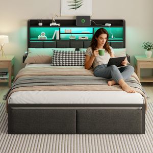 Lit en métal moderne taille Queen avec tête de lit rembourrée en lin, mobilier de chambre à coucher noir haut de gamme, fourniture d'usine en gros - Product Image 6