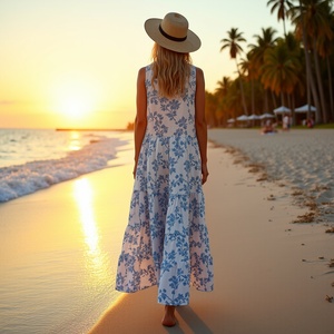 Vestido largo bohemio con estilo sin esfuerzo, diseño sin mangas acampanado para salidas informales y diarias de verano, estampado de enredaderas blancas y azules - Product Image 4