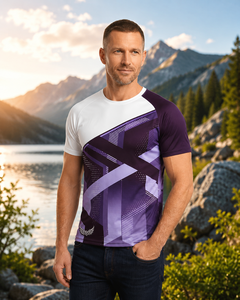 T-shirt à manches courtes pour homme, motif géométrique, col rond, séchage rapide, coupe ajustée, design sportif, imprimé par sublimation violet et blanc - Product Image 6