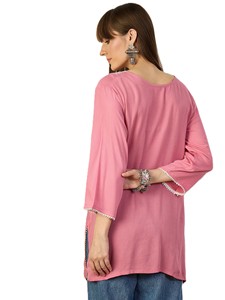 Women's Pink Cotton Viscose Embroidered Kurta with Floral Details Regular Fit Casual Top Quick Dry India Pakistan Style - Product Image 4