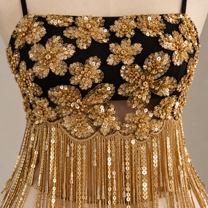 <b>Women's</b> <b>Black</b> Sexy Cami <b>Top</b> Gold Floral Sequin Embroidery Tassel Fringe Breathable Club <b>Tank</b> Crop - Product Image 4