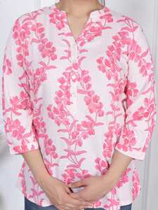 Túnica Corta Informal de Primera Calidad para Mujer, Color Rosa Bebé, con Encaje Floral Estampado, 100% Algodón, con Cuello con Botones y Mangas Tres Cuartos - Product Image 6