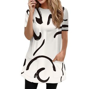 เสื้อยืดแขนสั้นคอกลมของผู้หญิงเสื้อถักนิตติ้งผ้าฝ้ายสแปนเด็กซ์กระดุมลูกไม้เป็นมิตรกับสิ่งแวดล้อมสบายๆสีขาวสีดำ - Product Image 1