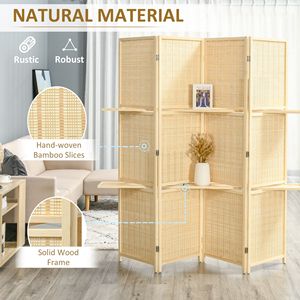 Paravent en bambou artisanal à 4 panneaux, cloison pliante de 6 pieds avec 2 étagères de présentation pour chambre à coucher, bureau, style naturel - Product Image 6